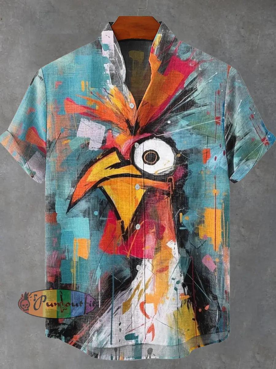 Abstract Art Color Block Combination Rooster Decorative Pattern Casual 100% Cotton Shirt Multicolor / S NEW IN