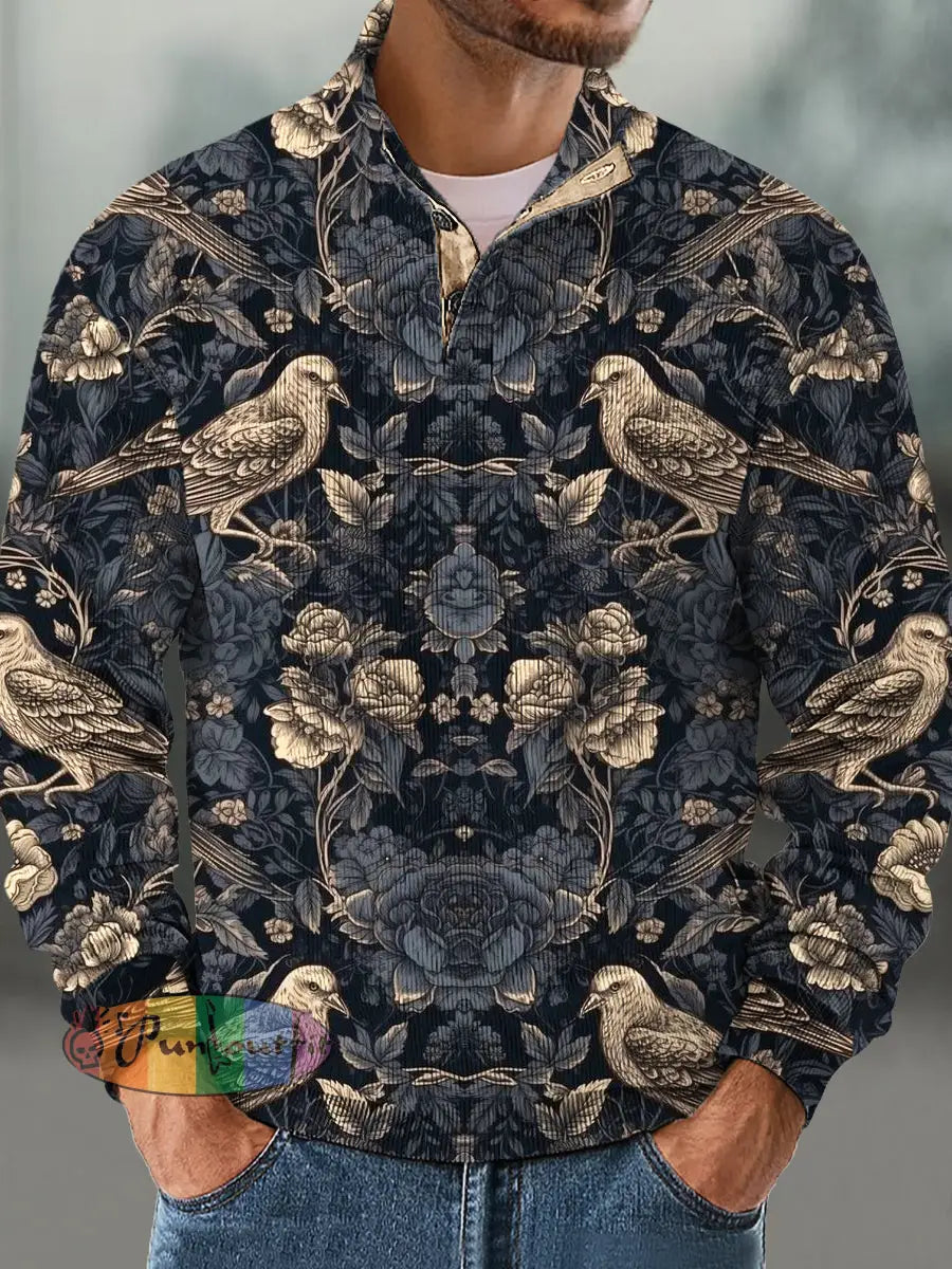 Gentleman Vintage Halloween Raven Floral Print Corduroy Stand Up Sweatshirt Colorful / S