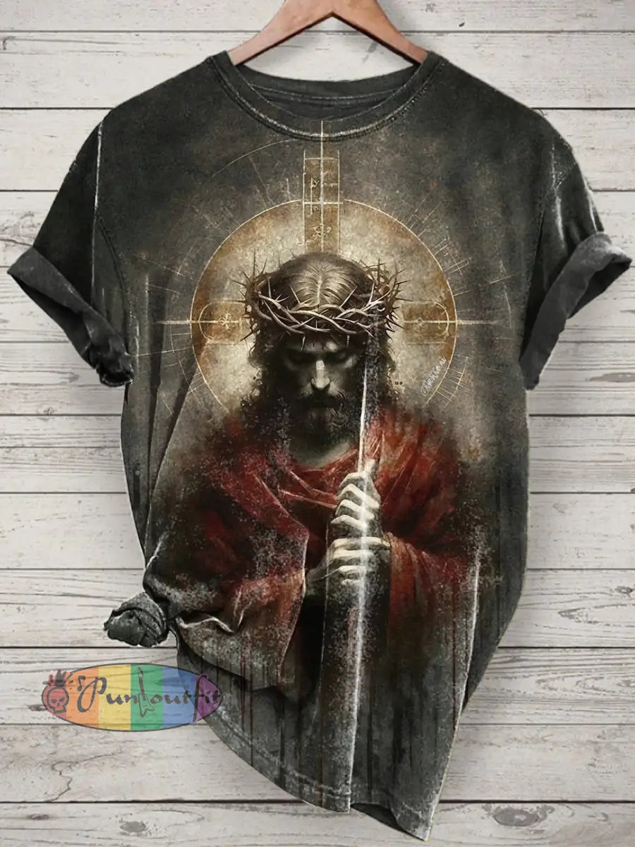 Jesus Printed Vintage Fashion Loose Short Sleeve T-Shirt Gray / S