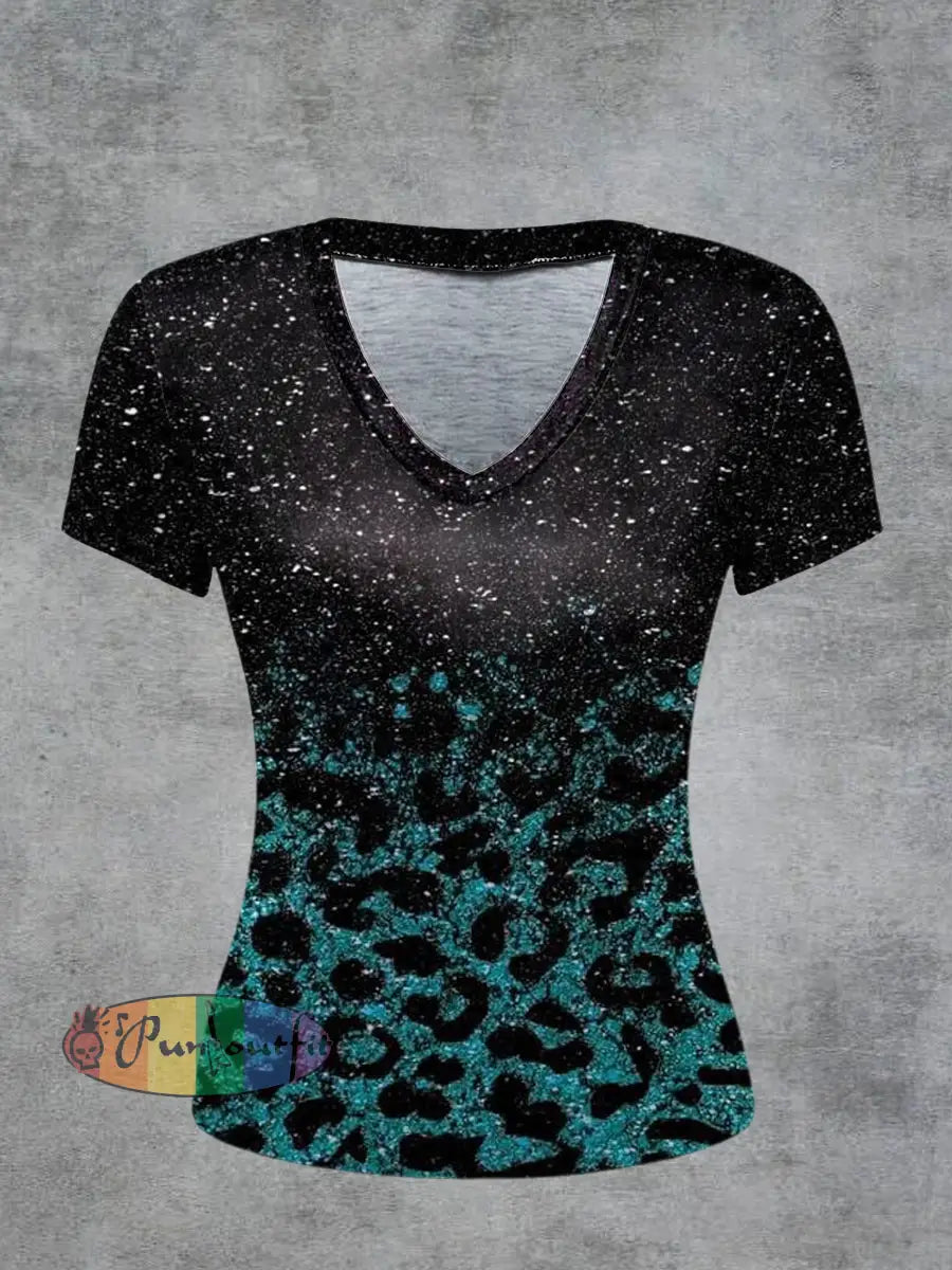 Leopard Printed Vintage Fashion Loose V-Neck Short Sleeve T-Shirt Black / S