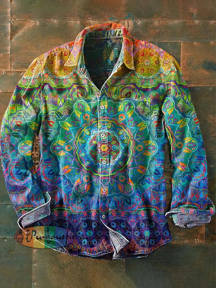 Men’s Colorful Vintage Floral Print Casual Lapel Long Sleeve Shirt As Picture / S