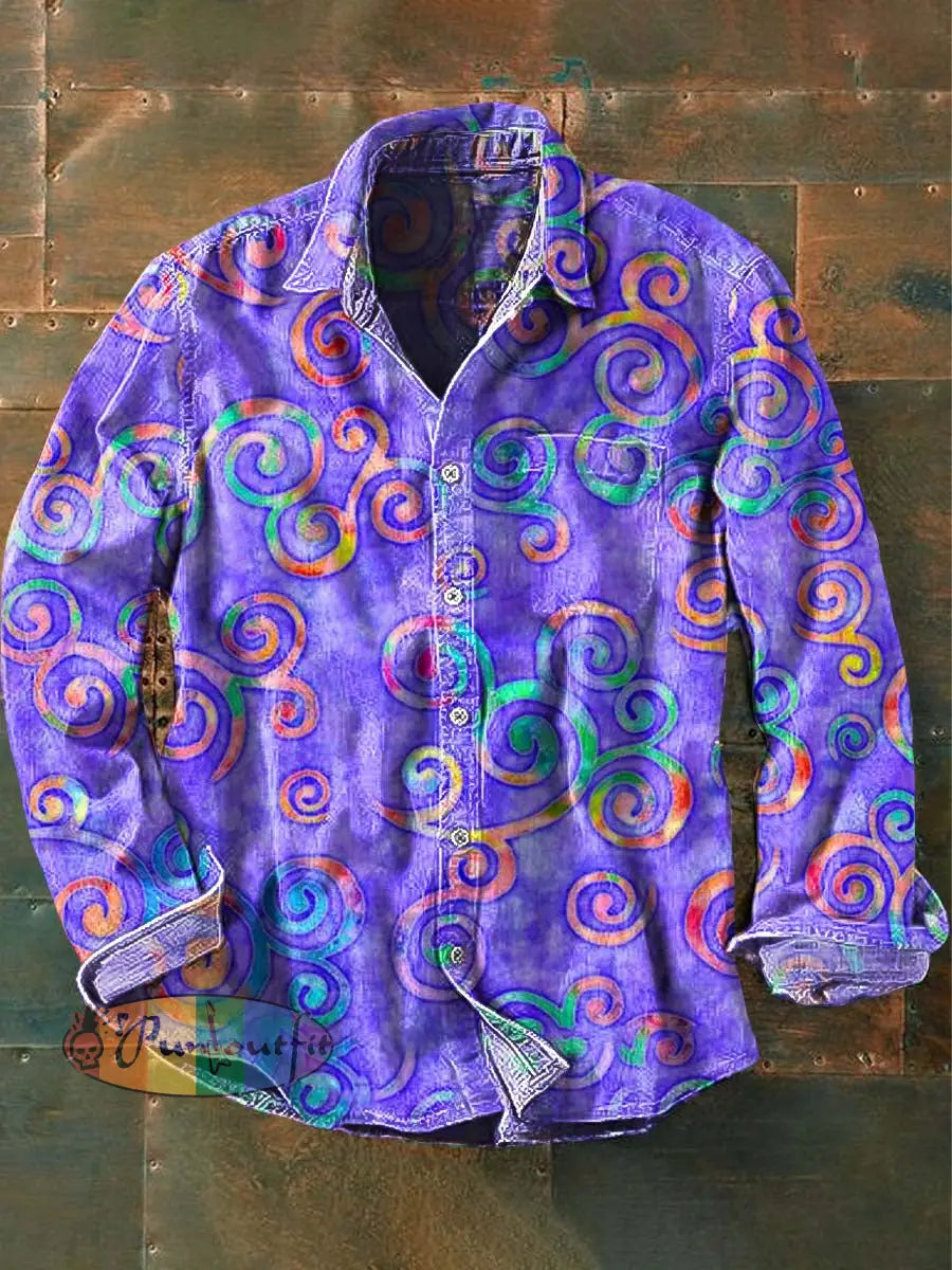 Men’s Colorful Vintage Pattern Printed Casual Long Sleeve Shirt As Picture / S
