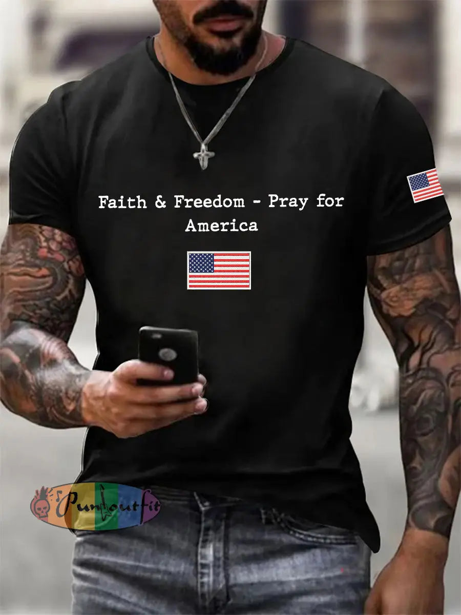 Men’s Faith & Freedom Pray For America Printed Casual T-shirt Black / S
