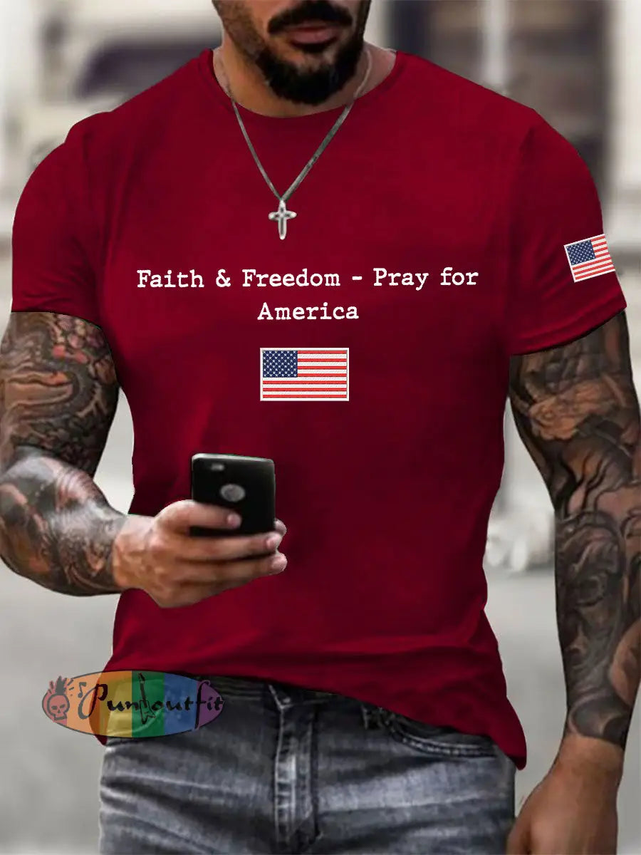 Men’s Faith & Freedom Pray For America Printed Casual T-shirt Deep Red / S