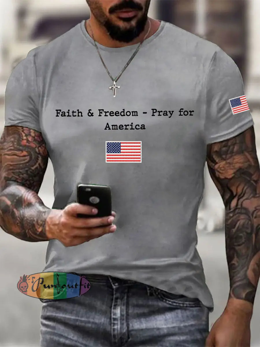Men’s Faith & Freedom Pray For America Printed Casual T-shirt Light Gray / S
