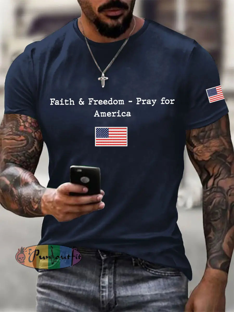 Men’s Faith & Freedom Pray For America Printed Casual T-shirt Navy Blue / S