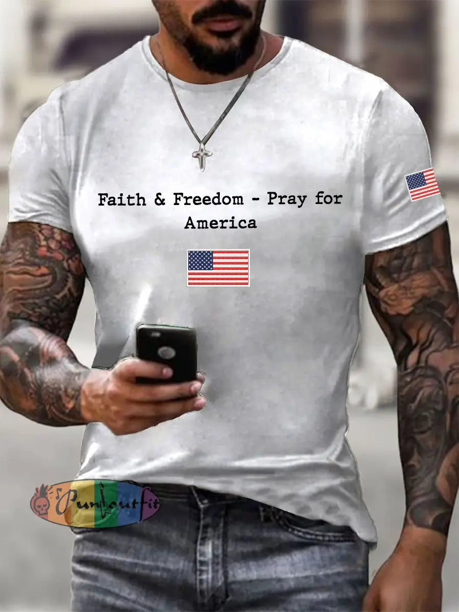 Men’s Faith & Freedom Pray For America Printed Casual T-shirt White / S