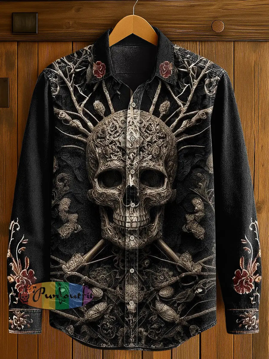 Men’s Flower Skull Print Casual Long Sleeved Shirt Black / S
