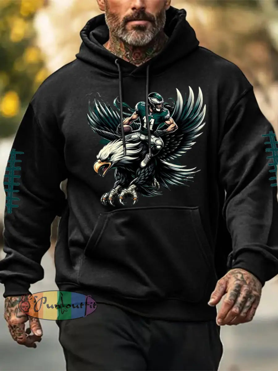 Men’s Football Fans Lovers Gameday Casual Oversized Drop-Shoulder Hoodie with Pockets Black / S