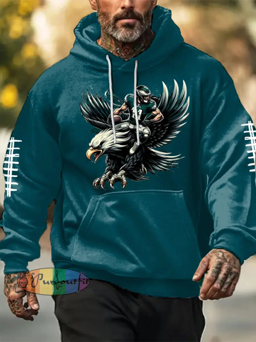 Men’s Football Fans Lovers Gameday Casual Oversized Drop-Shoulder Hoodie with Pockets Peacock Blue / S