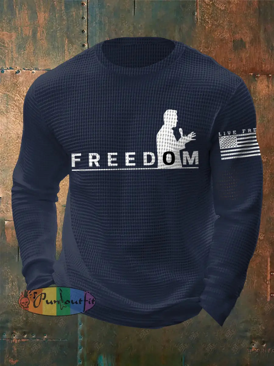 Men’s Freedom Live Free Print Waffle Long Sleeve T-Shirt Navy Blue / S