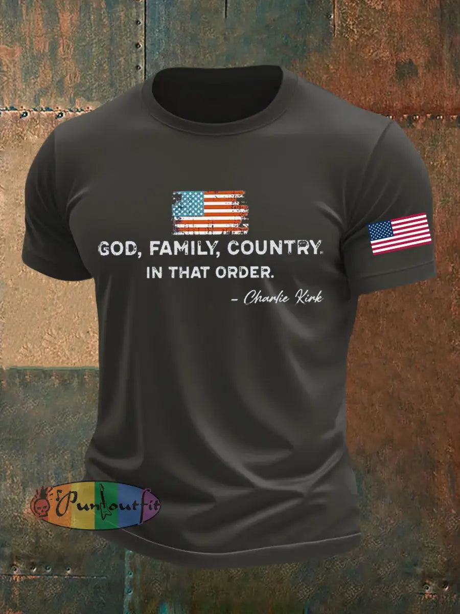 Men’s God Family Country In That Order Printed T-shirt Dark Gray / S
