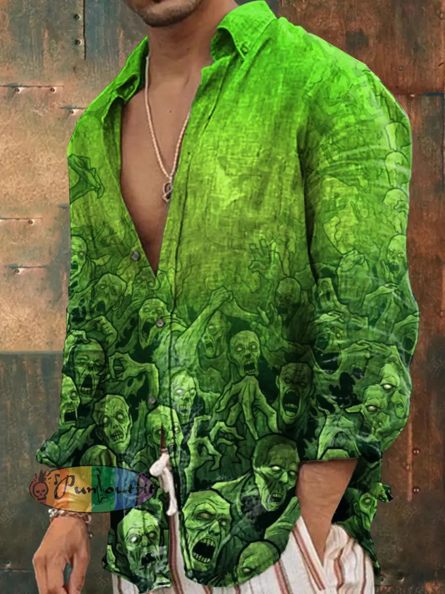 Men’s Outdoor Vintage Punk Dark Gradient Green Skulls Pattern Casual Cotton Long Sleeve Shirt Green / S