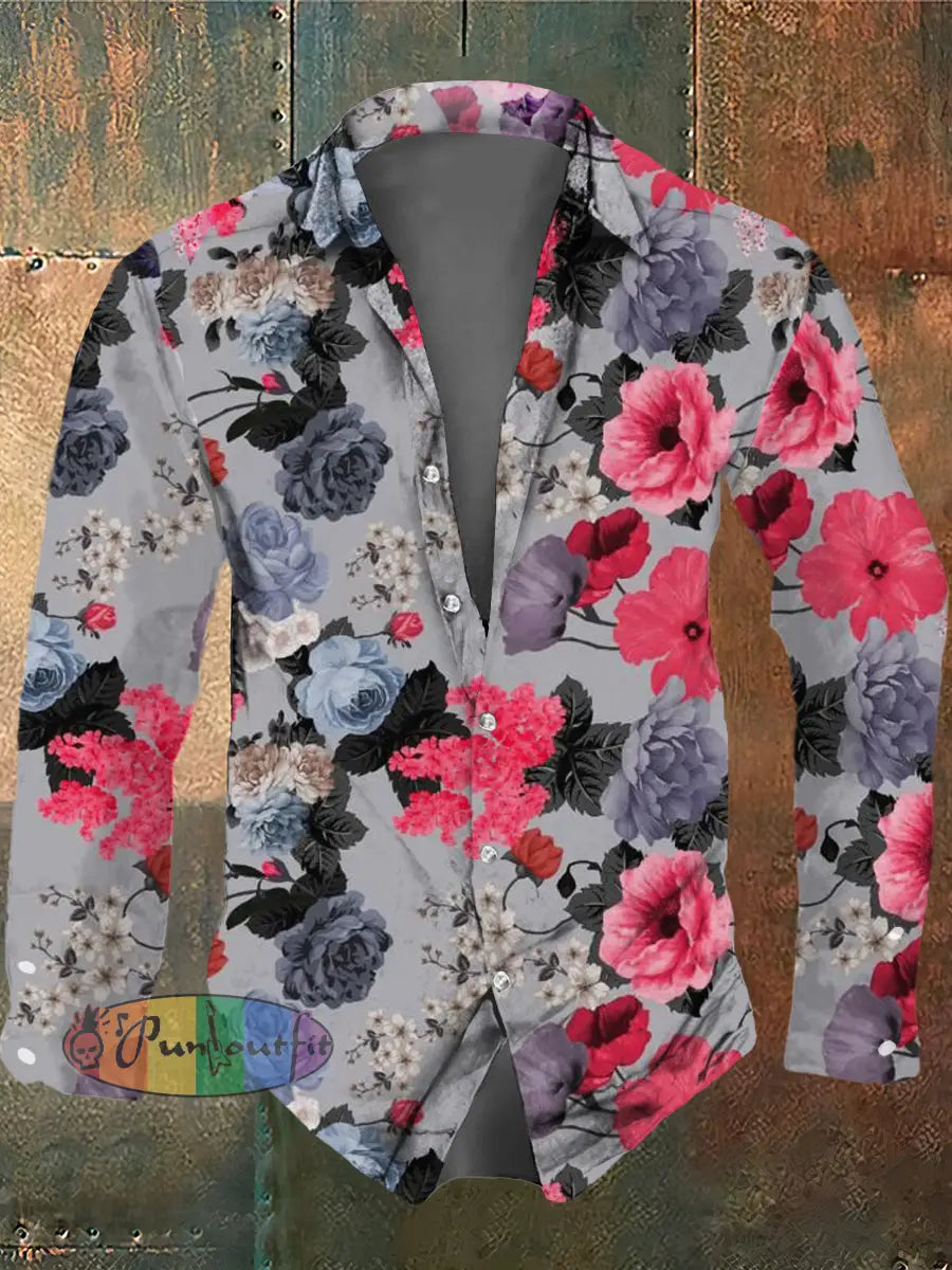 Men’s Retro Floral Print Casual Vintage Long Sleeve Shirt Colorful / S