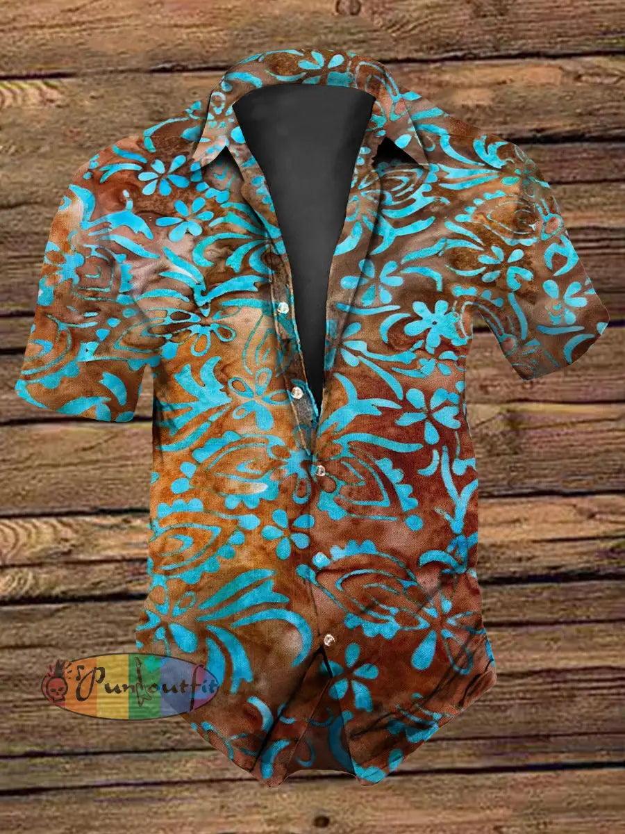 Men’s Retro Vintage Western Turquoise Green Floral Print Short-Sleeve Shirt As picture / S