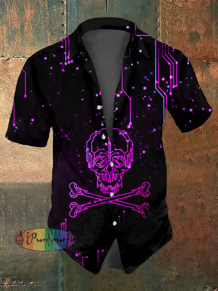 Men’s Skull Print Casual Short Sleeved Shirt Black Purple / S