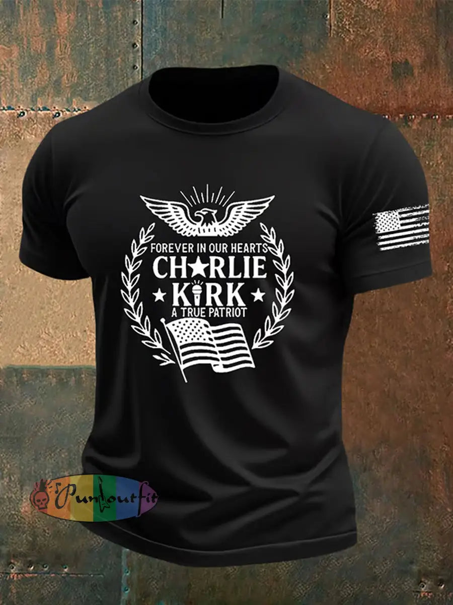 Men’s Vintage Charlie Kirk American Flag Print Commemorative T-Shirt B / S