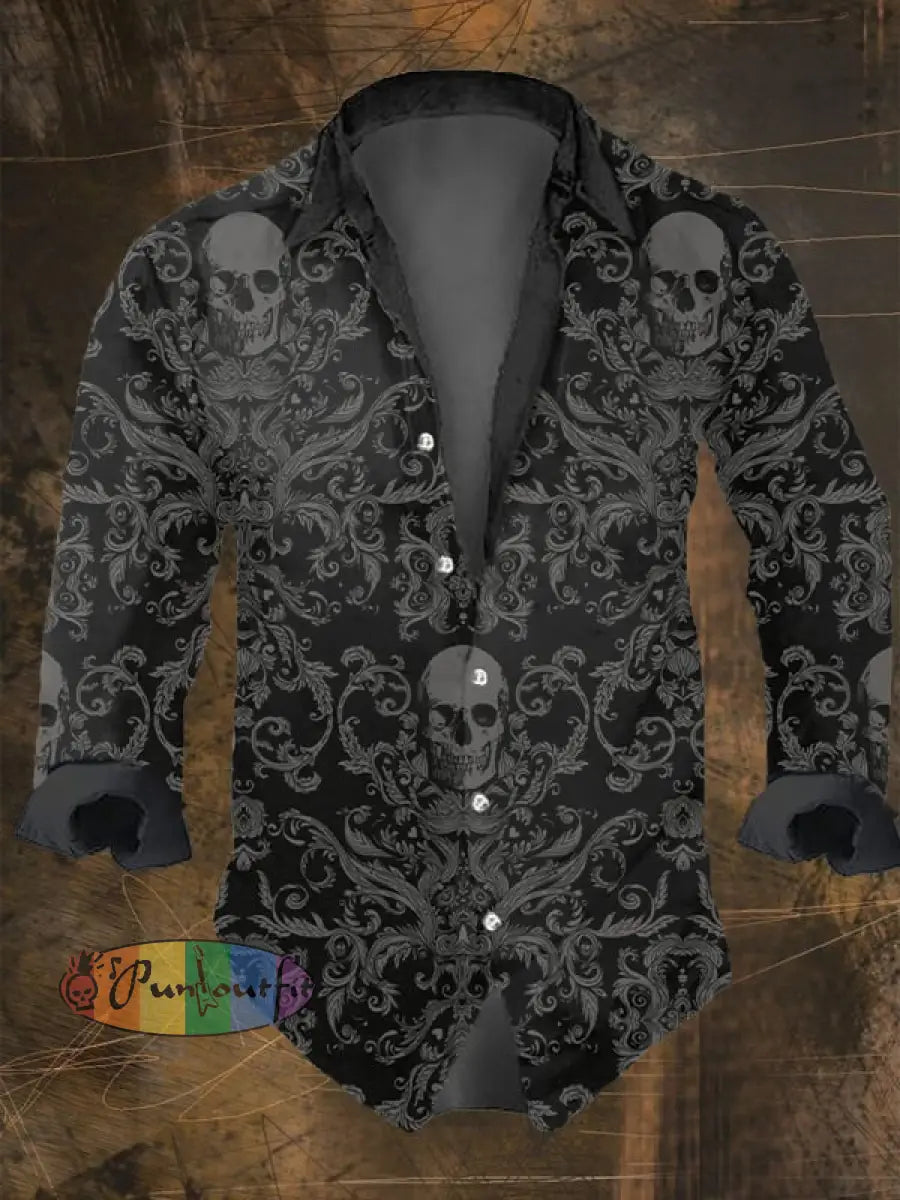 Men’s Vintage Dark Skull Print Long Sleeve Shirt Multicolor / S