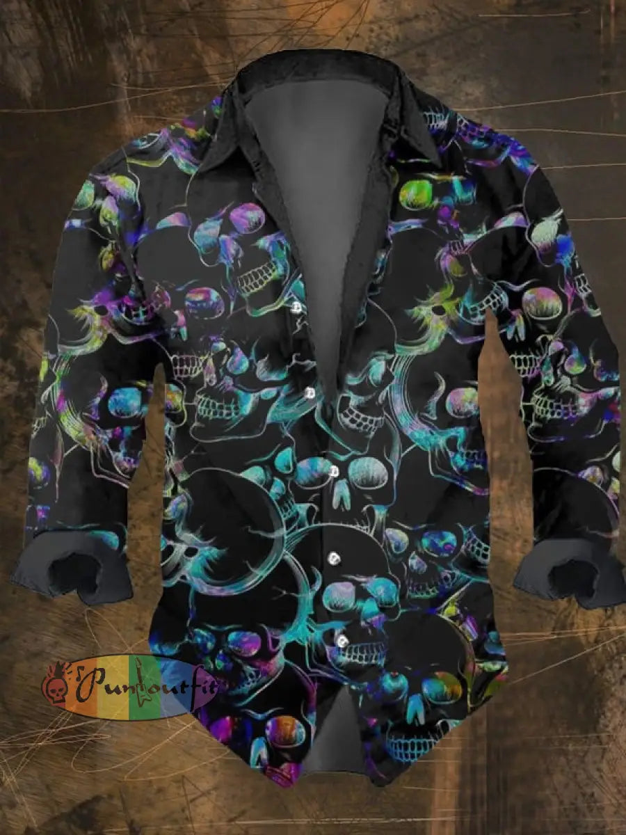 Men’s Vintage Dark Skull Print Long Sleeve Shirt Multicolor / S