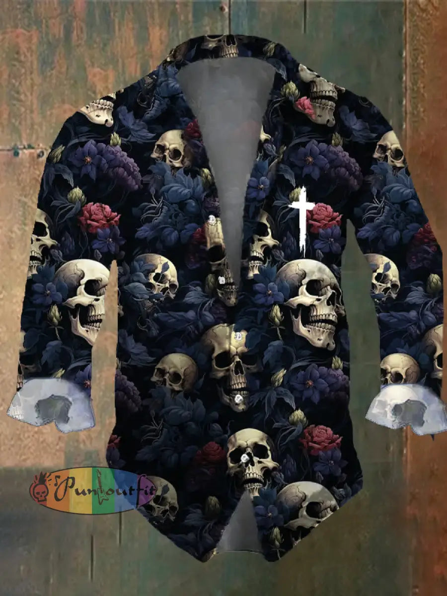 Men’s Vintage Dark Skull Print Long Sleeve Shirt Multicolor / S