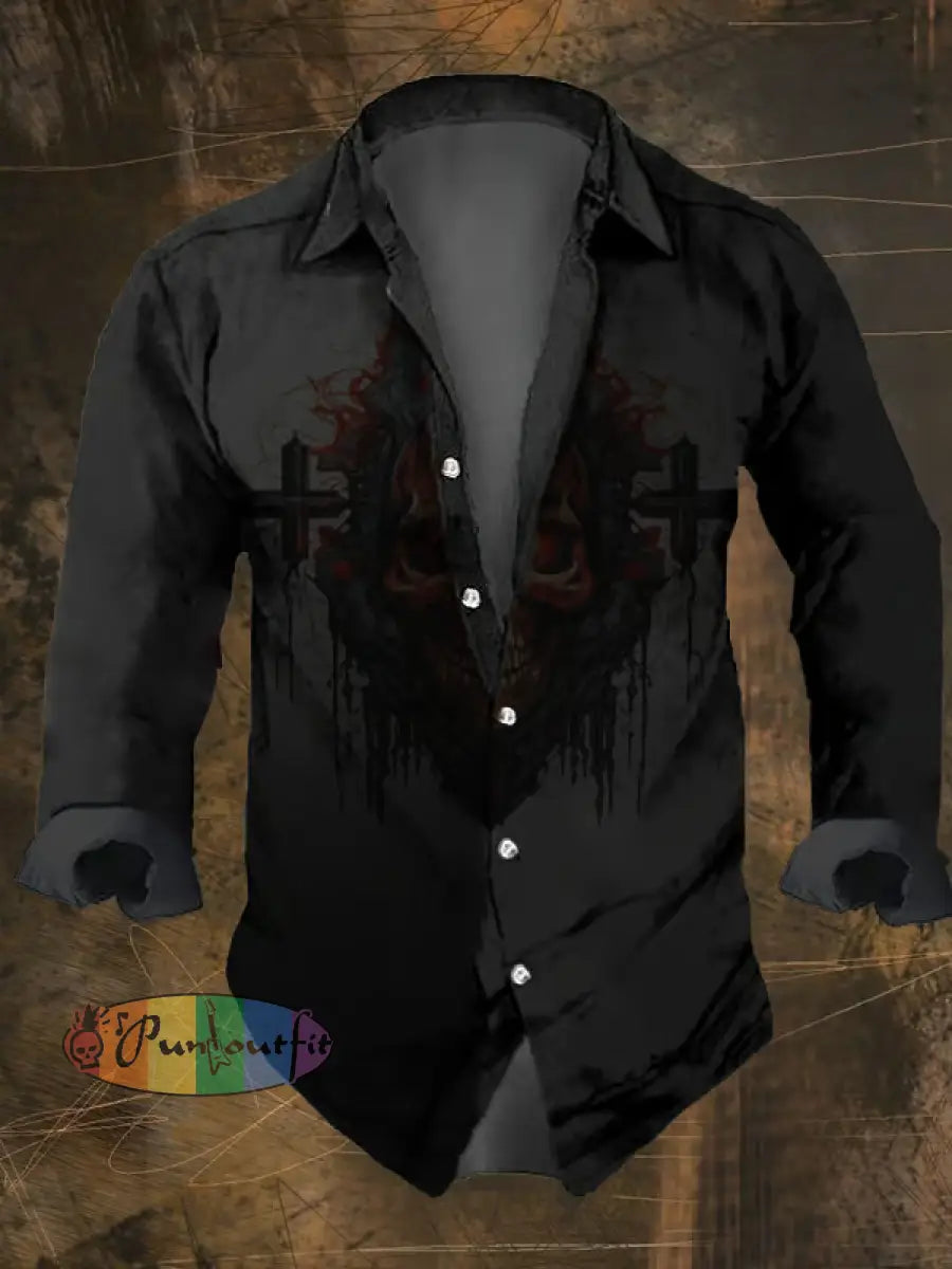 Men’s Vintage Dark Skull Print Long Sleeve Shirt Multicolor / S