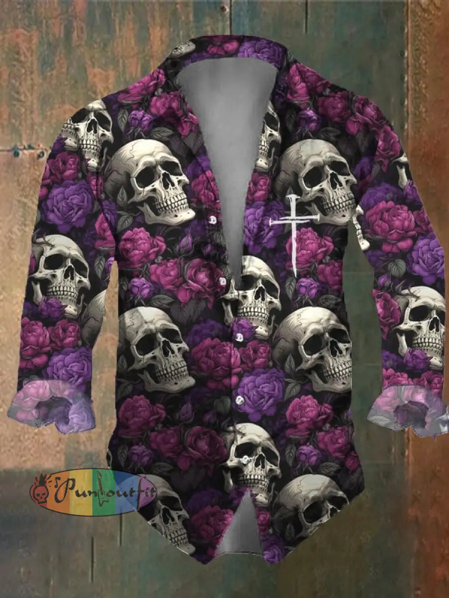 Men’s Vintage Dark Skull Print Long Sleeve Shirt Multicolor / S