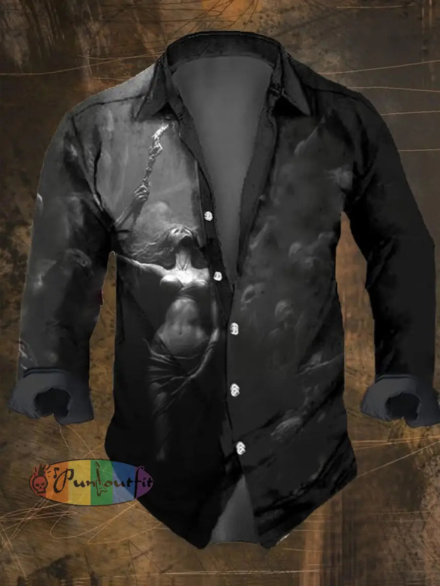Men’s Vintage Dark Skull Print Long Sleeve Shirt Multicolor / S