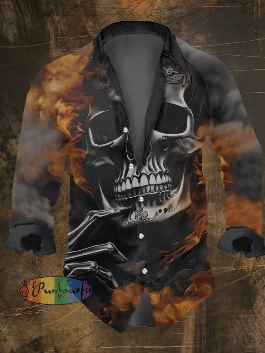 Men’s Vintage Dark Skull Print Long Sleeve Shirt Multicolor / S