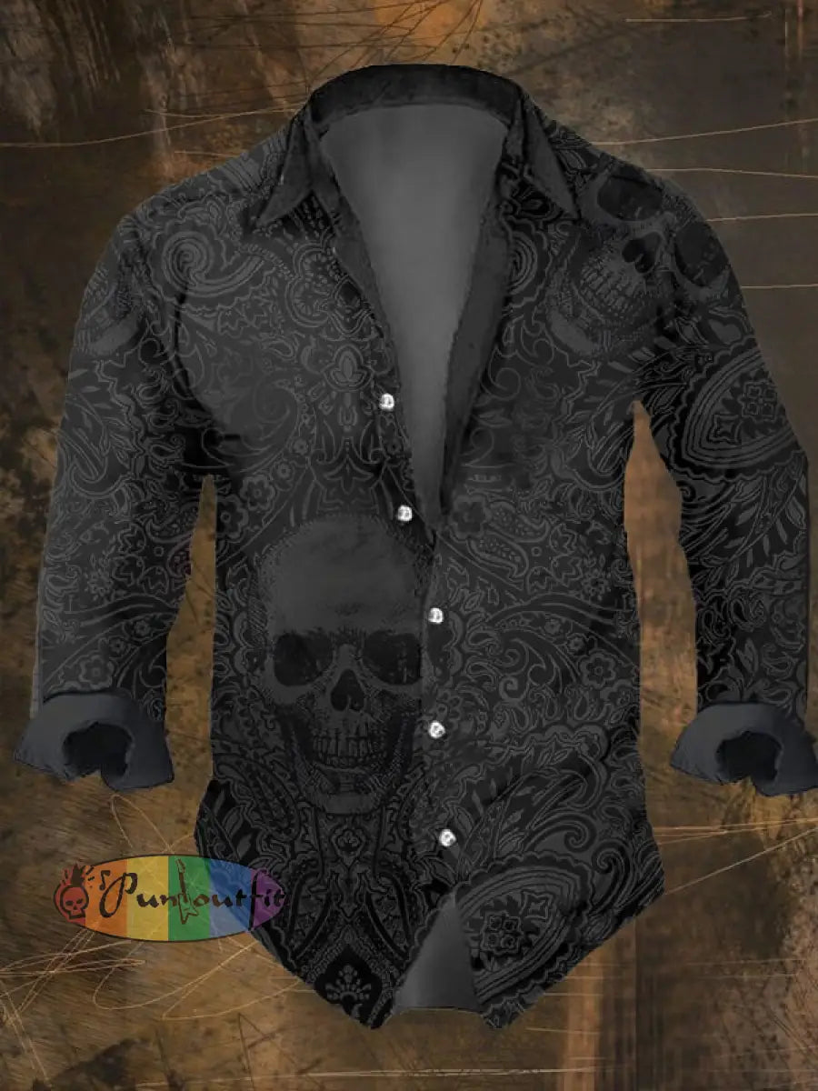 Men’s Vintage Dark Skull Print Long Sleeve Shirt Multicolor / S