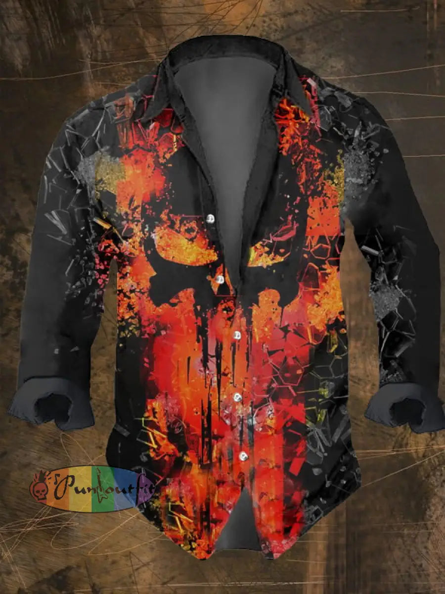 Men’s Vintage Dark Skull Print Long Sleeve Shirt Multicolor / S