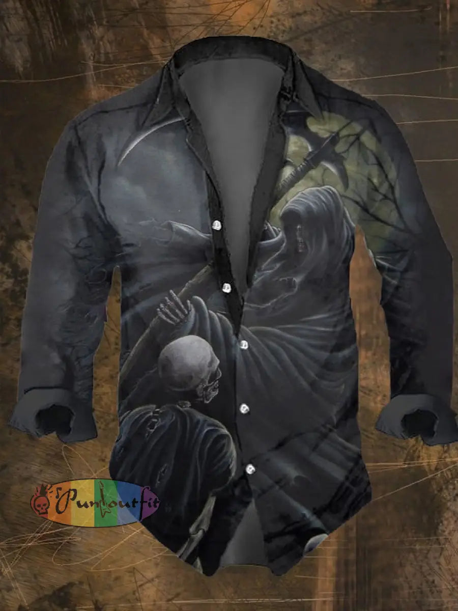 Men’s Vintage Dark Skull Print Long Sleeve Shirt Multicolor / S