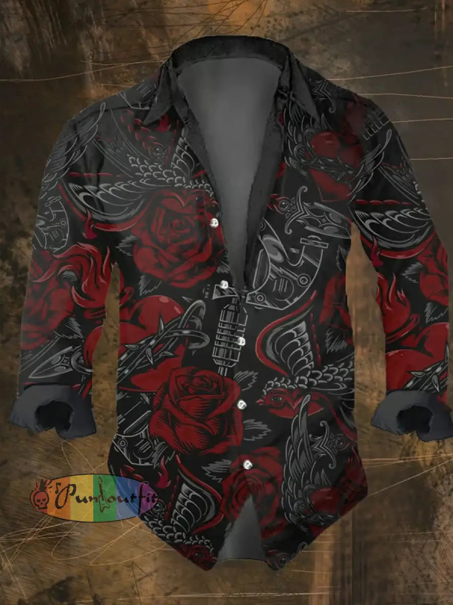 Men’s Vintage Dark Skull Print Long Sleeve Shirt Multicolor / S