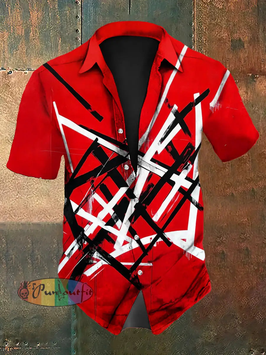 Men’s Vintage Festival Guitar Lines Colourful Abstract Print Casual Cotton Short Sleeve Shirt Deep Red / S