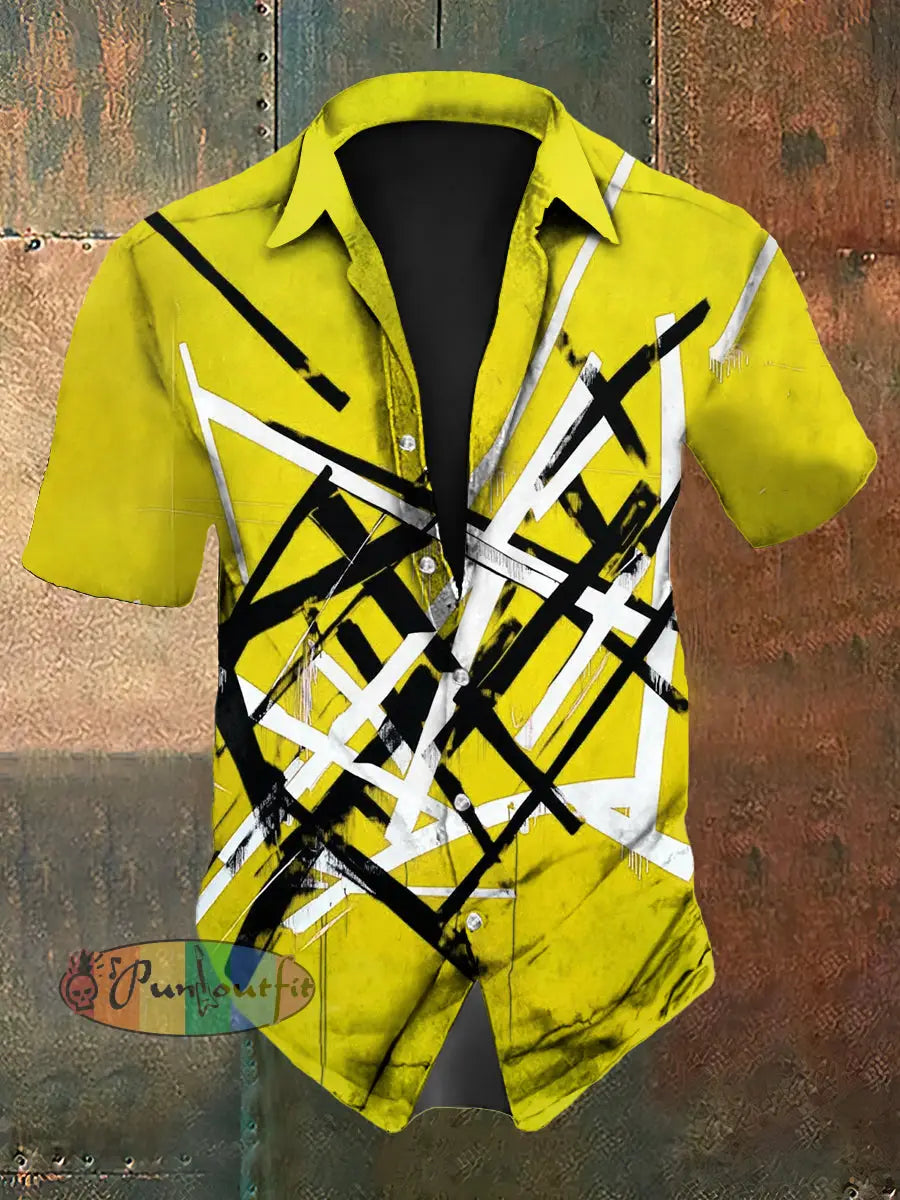 Men’s Vintage Festival Guitar Lines Colourful Abstract Print Casual Cotton Short Sleeve Shirt Yellow / S
