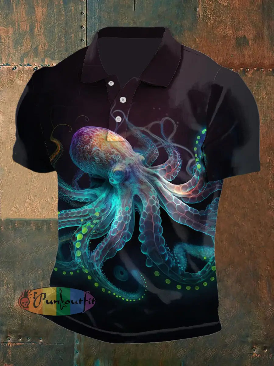 Men’s Vintage Fish Octopus Art Abstract Printed Casual Cotton Short Sleeve Polo Shirt Black / S