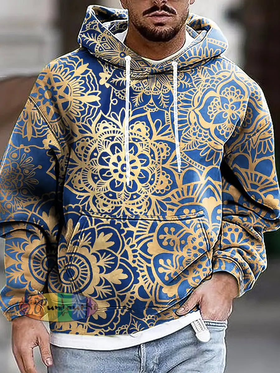 Men’s Vintage Gold Mandala Art Print Hooded Sweatshirt Colorful / S