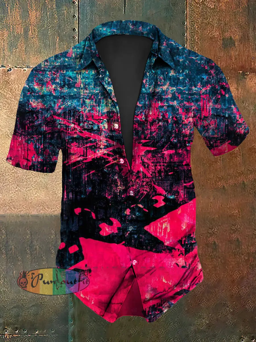 Men’s Vintage Gothic Colourful Graffiti Abstract Print Casual Cotton Short Sleeve Shirt As picture / S