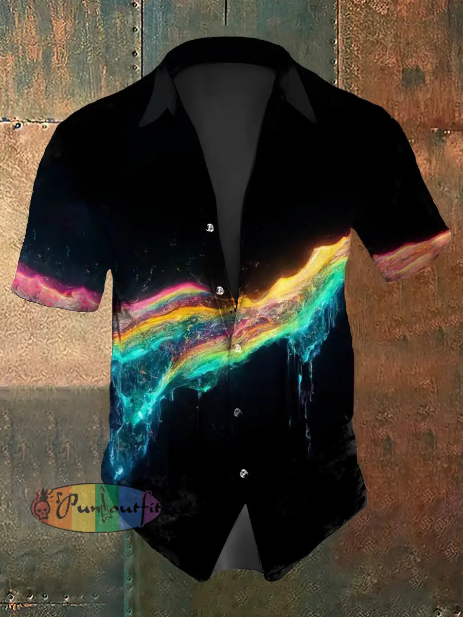 Men’s Vintage Gothic Colourful Lines Abstract Print Casual Cotton Short Sleeve Shirt Black / S