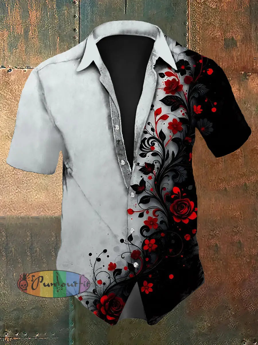 Men’s Vintage Gothic Floral Pattern Gradient Abstract Print Casual Cotton Short Sleeve Shirt As picture / S