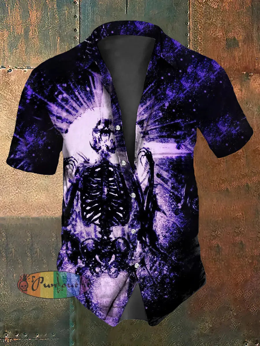 Men’s Vintage Gothic Punk Rock Skull Abstract Print Casual Cotton Short Sleeve Shirt Purple / S