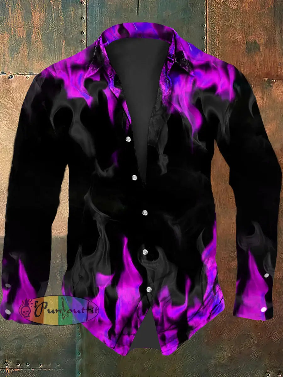 Men’s Vintage Gothic Purple Flame Smoke Abstract Print Casual Long Sleeve Shirt Long Sleeve Shirt-Pink / S