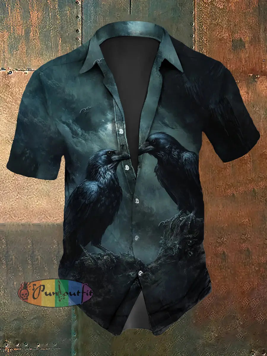 Men’s Vintage Gothic Ravens Abstract Print Casual Cotton Short Sleeve Shirt As picture / S