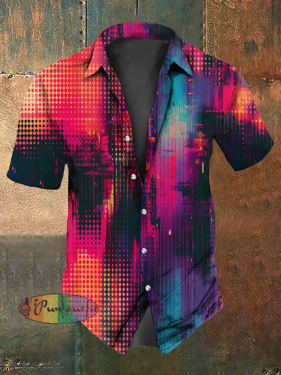 Men’s Vintage Guitar Colourful Lines Abstract Print Casual Cotton Short Sleeve Shirt As picture / S