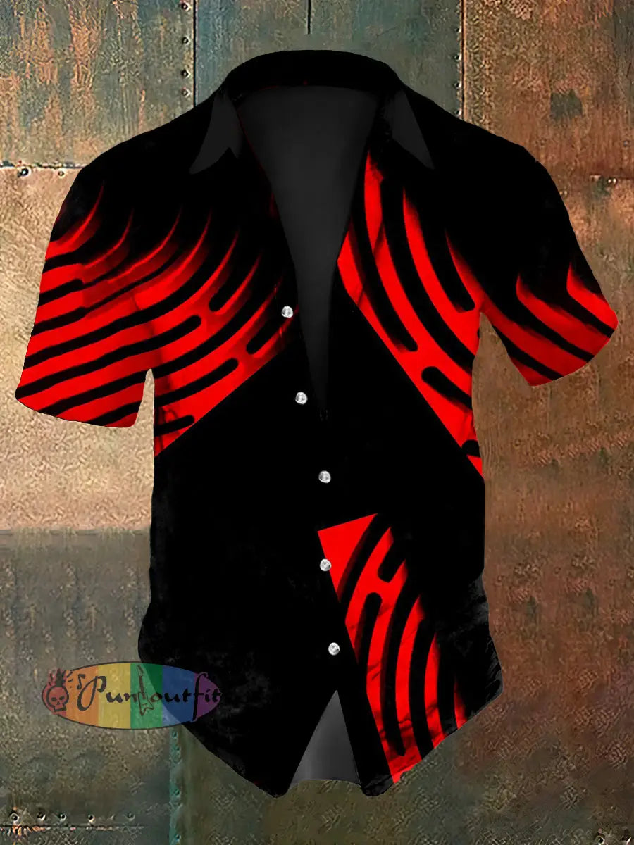 Men’s Vintage Guitar Red Line Abstract Print Casual Cotton Short Sleeve Shirt Red / S