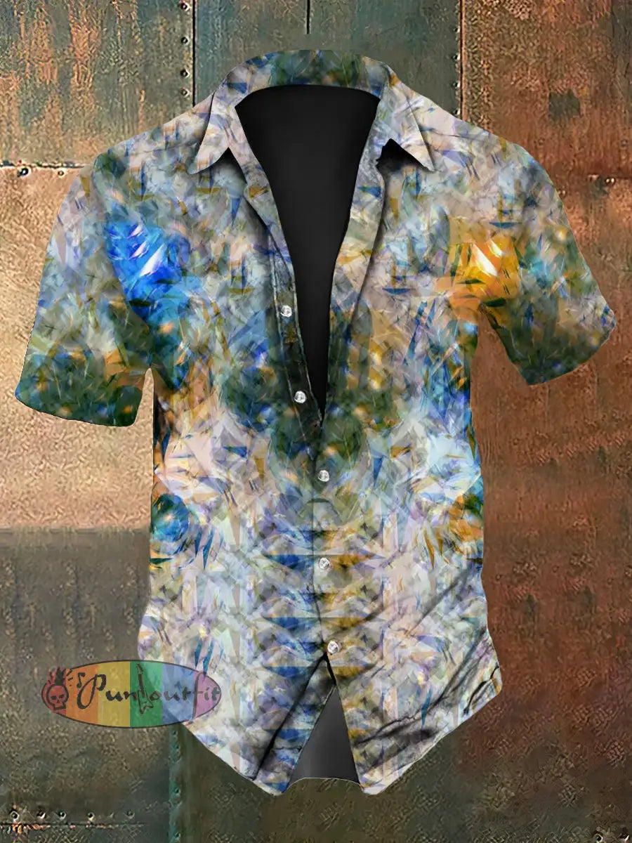 Men’s Vintage Music Festival Colourful Gemstone Diamonds Abstract Print Casual Cotton Short Sleeve Shirt As picture / S