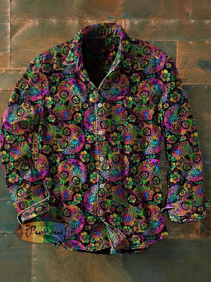 Men’s Vintage Punk Hippie Colorful Skull Art Print Casual Long Sleeve Shirt As Picture / S