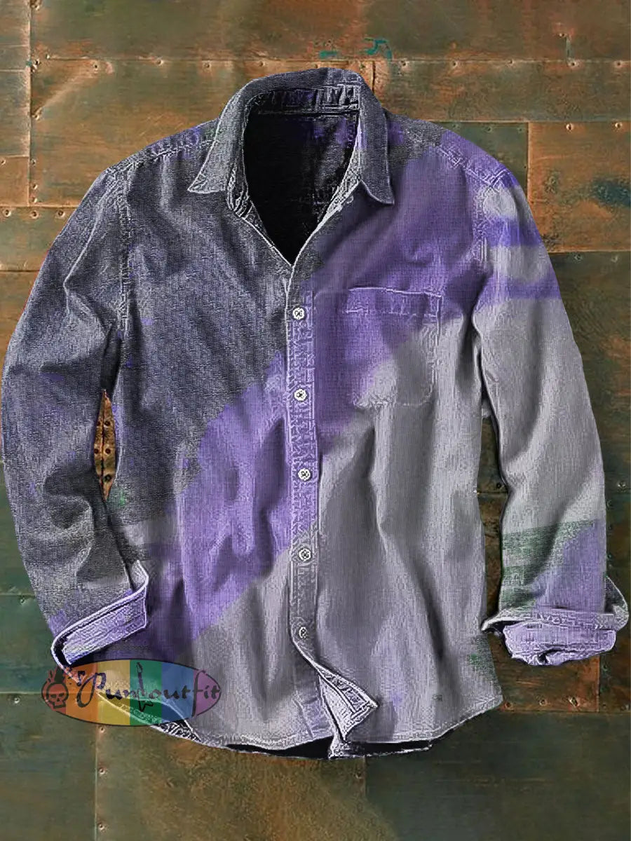 Men’s Vintage Purple Gradient Abstract Print Casual Long Sleeve Shirt Purple / S