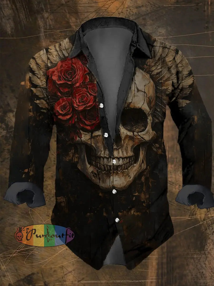 Men’s Vintage Rose Skull Print Long Sleeve Shirt Multicolor / S