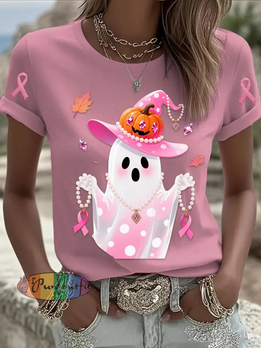 Retro Breast Cancer Pearl Halloween Ghost Print Comfortable Casual Cotton Short sleeved T shirt Pink / S
