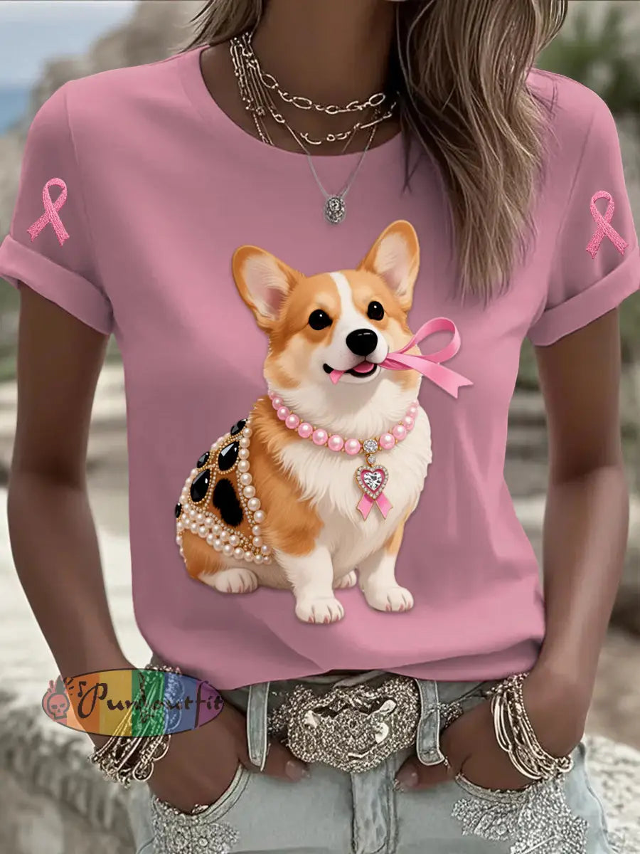 Retro Breast Cancer Pearl Jewelry Corgi Puppy Print Comfortable Casual Cotton Short sleeved T shirt White / S